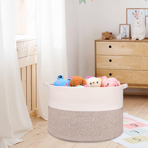 Image of Large Cotton Rope Blanket Basket, 87L Laundry Hamper, White & Brown