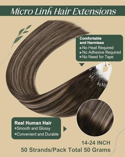 Ugeat Micro Loop Hair Extensions Human Hair 20 inch Dark Brown Balayage Micro Ring Hair Extensions Real Human Hair Ash Blonde Ombre 50G/50S #4/18/4 Natural - Image 2
