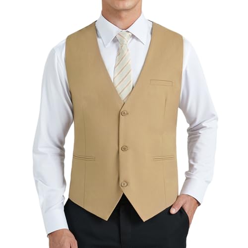 HISDERN Gilet Costume Homme Beige Formelle Classique Élégante Sans Manche Couleur Unie Coton Gilets Mariage pour Hommes avec Poches XL