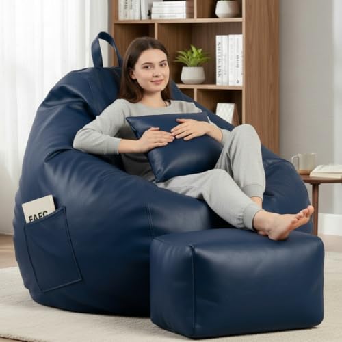 Image of KAM'S LIEU 5XL Luxury Faux Leather Bean Bag with Footrest & Cushion | Pre-Filled High-Density Polystyrene Beans | Premium Leatherette | 6 Months Warranty Color- (Navy Blue, Without Footrest)