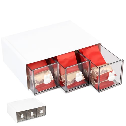 SiGuLiKeJi Tea Storage Boxes, Tea Box Organiser, Tea Bag Storage Organiser with 3 Drawers, Plastic Tea Chest for Tea Bags Coffee Pods Sugar Teabag Storage Kitchen Organisers