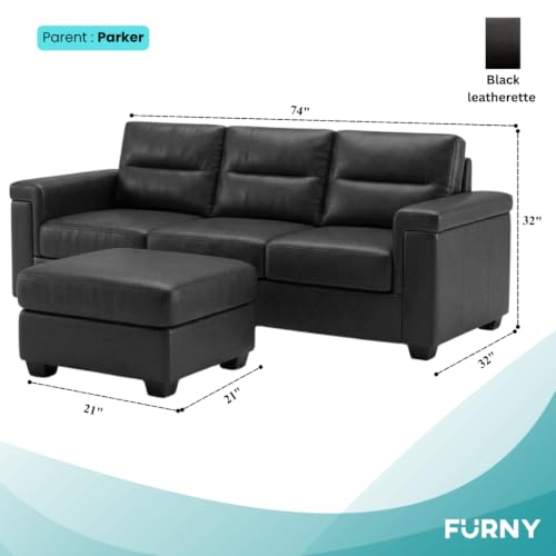 Image of FURNY Parker 3 Seater Sofa Set with Ottoman | Premium Suede Velvet Fabric Finish | Durable Comfort Sofa for Modern Living Room & Office Spaces (Black Leatherette)