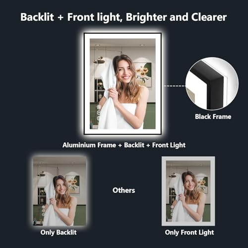 Image of 36x36 Inch LED Bathroom Mirror with Lights (Front Lit and Backlit) Black Framed Lighted Vanity Mirror for Bathroom Wall Dimmable Anti-Fog Memory Tempered Glass Horizontal /Vertical