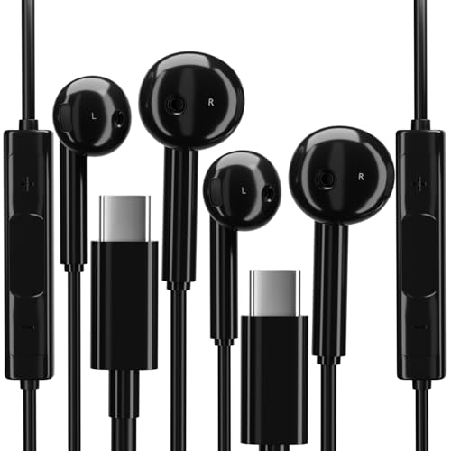 pluX USB-C Wired Earphones with Microphone (2Pack) Type C Cable In-Ear Headphones compatible for Galaxy S23 S22 S24 Ultra Noise Cancelling Android Phone Earbuds Pro Max Fold 5G Audio Accessories