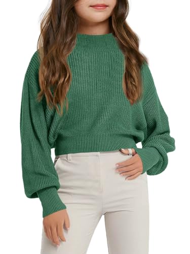 Image of Haloumoning Girls Knit Pullover Sweaters Mock Neck Long Lantern Sleeve Jumper Tops 5-14 Years