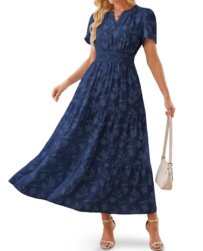 Image of Women's Maxi Dresses Boho Burnout V Neck Short Puff Sleeve Smocked Empire Waist Long Wedding Guest Semi Formal Dress Pockets