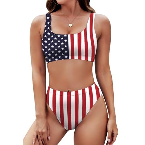 Pink Queen Women's Crop Top High Waisted Cheeky Bikini Set Two Piece Swimsuits X-Large 02 - American Flag