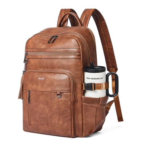 Shrrie Vegan Leather Laptop Backpack for Women,17 Inch Computer Backpack Purse for Work Business College Travel Teacher Nurse with Anti-theft Pocket & Giant Tumbler Holder Pocket,Caramel Brown