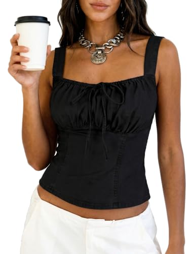 POLIRO Denim Corset Tops For Women Jean Vest Smocked Back Front Bow Square Neck Tank Crop Top Country Concert Outfits Cute Black Size 8 10 Medium