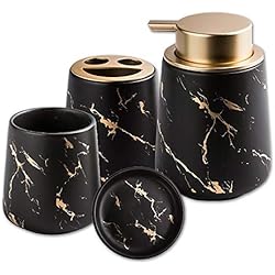 Dispensador Jabon Black Conjunto de accesorios de baño creativo Copa de cepillo de dientes Copa de cuatro piezas incluyen dos taza de enjuague, plato de jabón y dispensador de loción, grano de mármol cerámica,Black 2 Smiley