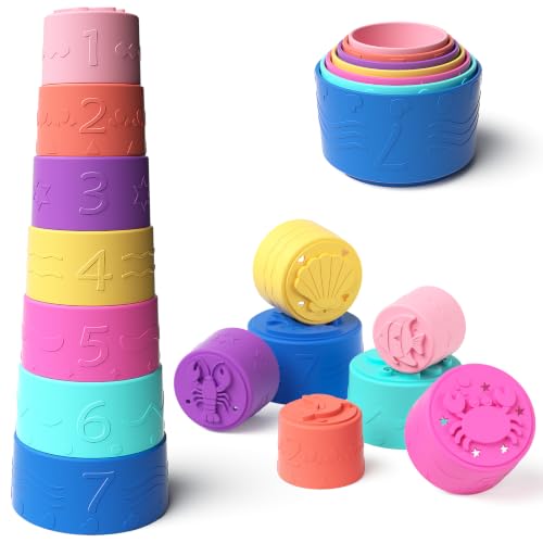 Baby Stapelbecher Spielzeug Für 3 6 12 Monate+, Silikon Stapelturm mit 7 Bechern, Mit Einzigartiger Meereslebewesen-Gravur Und Erhabenen Zahlen, Für Badespaß, Geschenke Für Jungen & Mädchen Ab 1 Jahr
