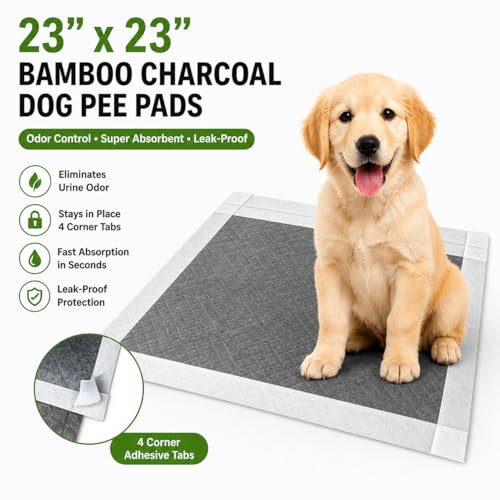 Image of Bamboo Charcoal Puppy Pads 23 inchx23 inch, 100 Count, 6-Layer Leak-Proof Dog Training Pads, Super Absorbent, Quick Dry, Odor Control Pee Pads for Puppies & Dogs