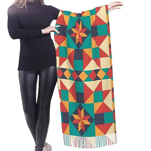 Colorful Barn Quilt Pattern Women Scarf Fall Winter Tassel Scarf Warm Large Wrap Shawl Scarf 27x77 Inch2