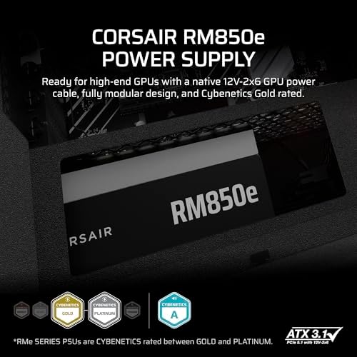 CORSAIR RM850e (2025) Fully Modular Low-Noise ATX Power Supply with 12V-2x6 Cable – ATX 3.1 & PCIe 5.1 Compliant, Cybenetics Gold Efficiency, 105°C-Rated Capacitors, Modern Standby Mode – Black