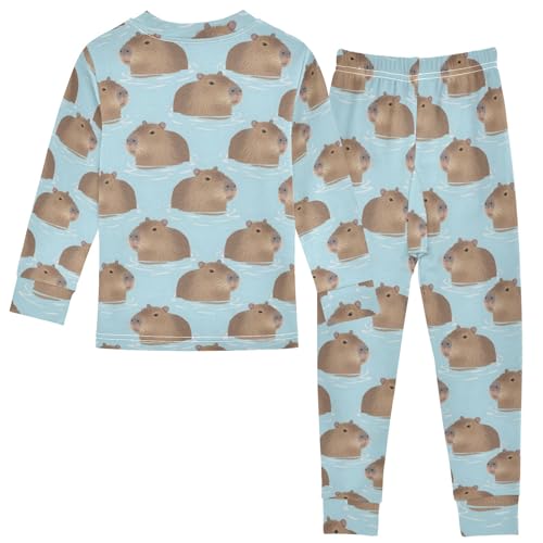 Capybara Water Pattern Cute Pajama Sets Long Sleeve Top and Pants, Snug Fit Sleepwear for Night Wears2