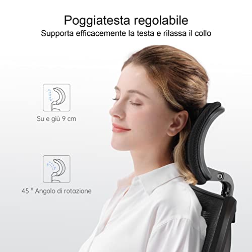 Sedia Ufficio, Sedia scrivania Sedia ergonomica con Supporto Lombare per Poggiatesta e Bracciolo Regolabile, Schienale Alto in Rete, Portata Massima 150 kg - Sedia gaming - Immagine 8
