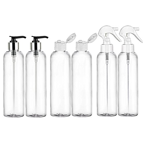 MoYo Natural Labs 8 oz Bottles Multi Pack, Pump Lotion Bottles, Trigger Sprayers and Flip Cap Bottles, Empty Refillable Containers for Essential Oils, Liquids Cosmetics (Pack of 6, Clear)
