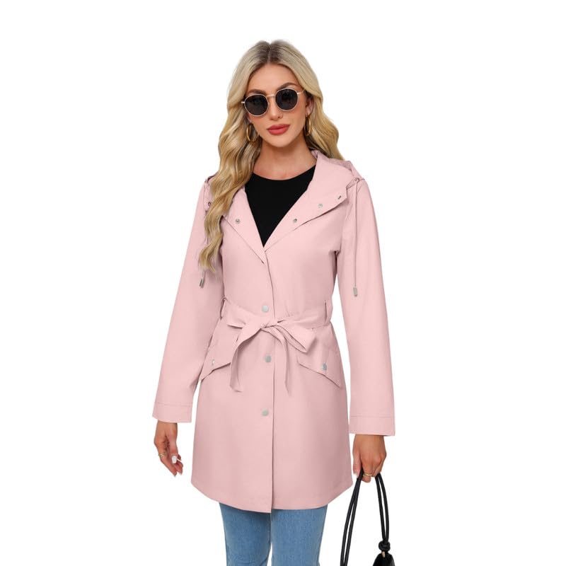 jkaur Women’s Lightweight Hooded Windbreaker with Belt Waterproof Button Down Casual Jacket | Pink | 2XL-picture-16