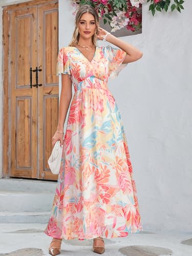 Image of Simplee Women's Boho Floral Maxi Dress Flowy Casual V Neck Short Sleeve Wedding Guest Holiday Beach Long Dress