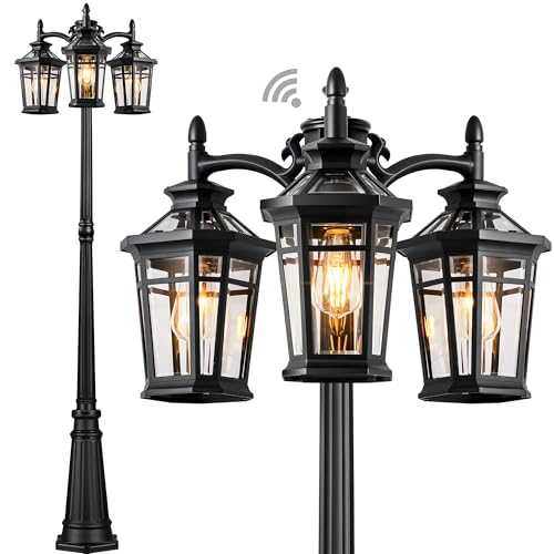 Image of Black 3-Head Outdoor Lamp Post Light Fixture with Photocell Sensor | Dusk to Dawn, Hardwired 120V AC, Waterproof Street Light, 100% Aluminum, For Yard, Driveway, Walkway, Garden, Street, Patio