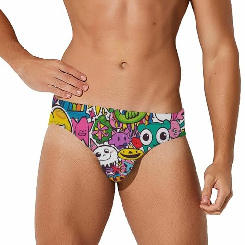 Cartoon Graffiti Monster Mens Swim Briefs Quick Dry Swimming Trunks Training Swimsuit Low Rise Swimwear