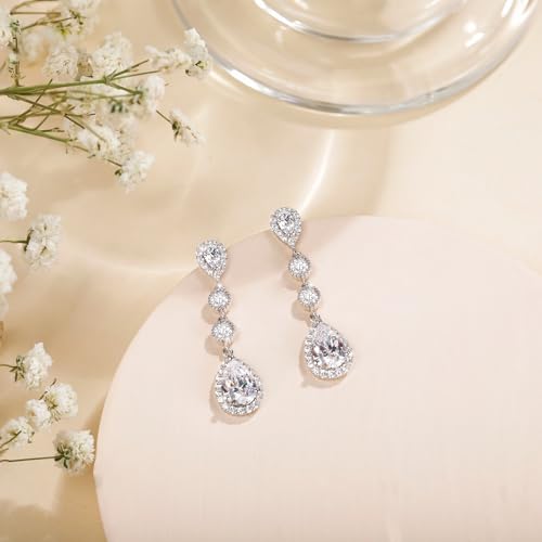 EAMTI Silver Dangle Teardrop Earrings for Women Cubic Zirconia Pear Cut Sterling Silver Post Engagement Wedding Birdal Drop Earrings for Brides3