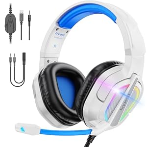 Krysenix PG2 RGB Gaming Headset für PS4, PS5, PC, Xbox, Nintendo Switch, Gaming Headset mit Mikrofon,Noise Cancelling Kopfhörer mit Mikrofon, 3.5mm Klinke,Azurblau/Weiß