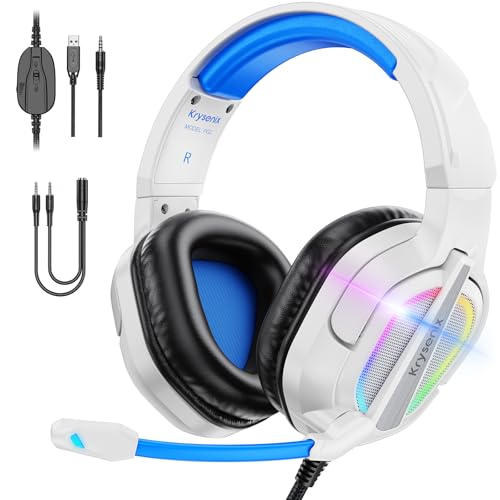 Krysenix PG2 RGB Gaming Headset für PS4, PS5, PC, Xbox,Switch,Ps5 Gaming Headset mit Mikrofon, Over-Ear Kopfhörer,Ps4 Kopfhörer mit 3,5mm Klinke,Hell Blau
