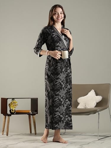 Image of 9shines Label Stylish Cotton Nighty Robe for Women | Front Open Floral Housecoat | Wrap Nighty with Pocket | Adjustable Waist Tie | Plus Size housecoat (HC-2026)