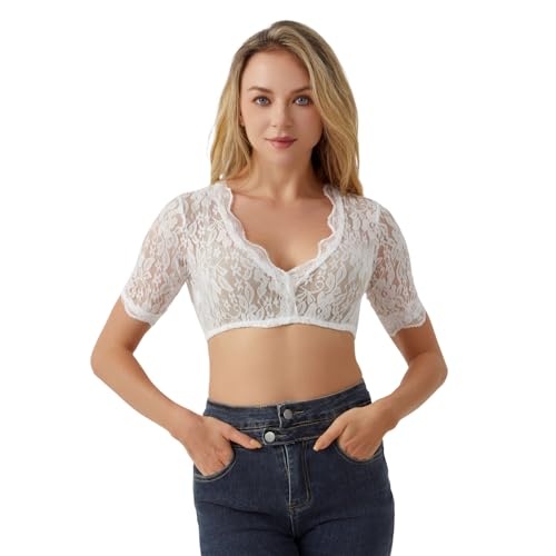 Mukum Women German Dirndl Blouse Bavarian Oktoberfest Costume White V-neck Lace Crop Tops for Women Beer Festival XX-Large