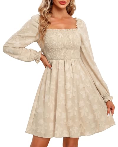 Image of Holipick Women's Casual Square Neck Smocked Dress Shirred Ruffle Puff Sleeve High Waist Cute Flowy A-Line Short Dress