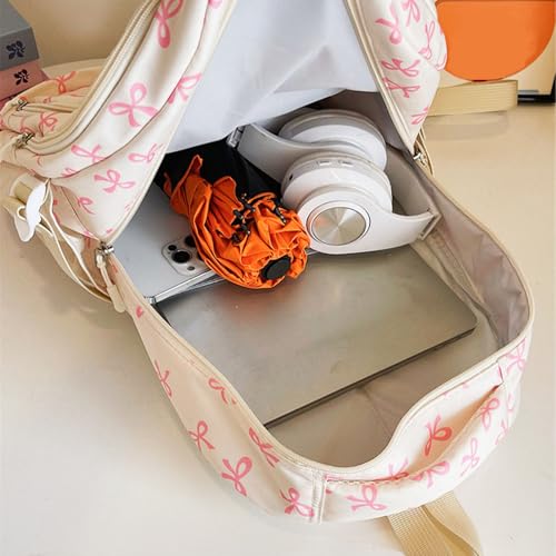 3Pcs Set Bow Backpack for Girls, Cute Kawaii Large Capacity Nylon Rucksack With Bow Pattern for preppy (White Pink)4