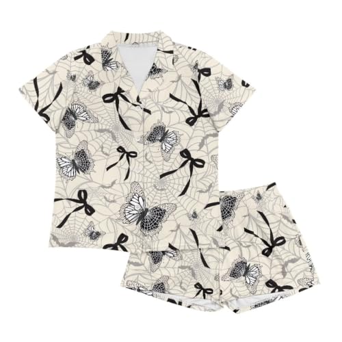 Image of Renewold Button Down Womens Pajama Set Short Sleeve Loungewear Bow Nightwear Sleepwear Night Suit Tops Shorts 2 Pieces