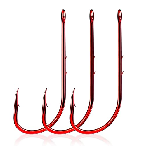 FishTrip Baitholder Hooks Fishing Offset- 100pcs Bait Holder Fish Hook Double Barbed/Long Shank/Closed Eye/Red for Fishing Rigs Freshwater Saltwater 10