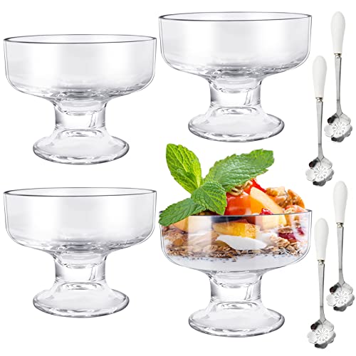 Worldity 4 Stück Trifle Bowl, 182 ml bleifreie Glas-Dessertschalen mit 4 Stück niedlichen Dessertlöffeln, Kristallglasschalen, perfekt für Eis, Pudding, Obst, Sauce Cover