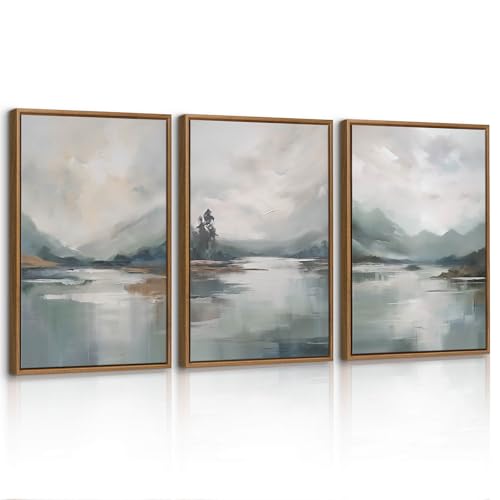 FajerminArt 3 Pcs Abstrait Montagne Lacs Paysage Impression Sur Toile Avec Cadre, Brumeux Bleu Gris Paysage Tableau Decoration Murale Affiche Peintures...