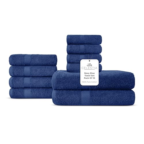 Image of 10-Piece 100% Cotton Towel Set, 2 Bath Towels, 4 Hand Towels, 4 Wash Cloth, Quick-Dry, Navy Blue