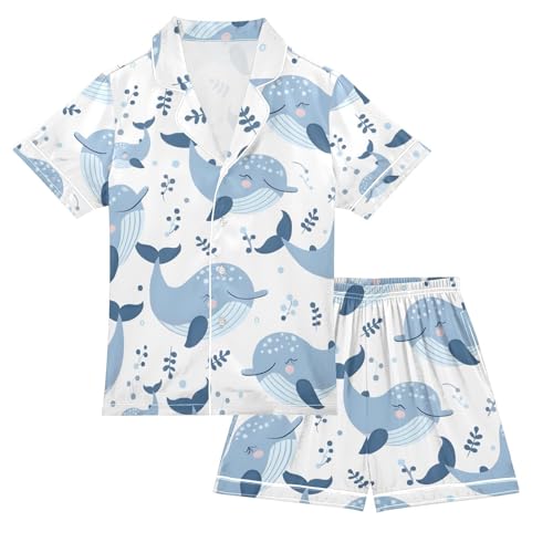 ALAZA Blue Painting Whale Pajamas Satin Pajama Set Short Sleeve Button Down Sleepwear