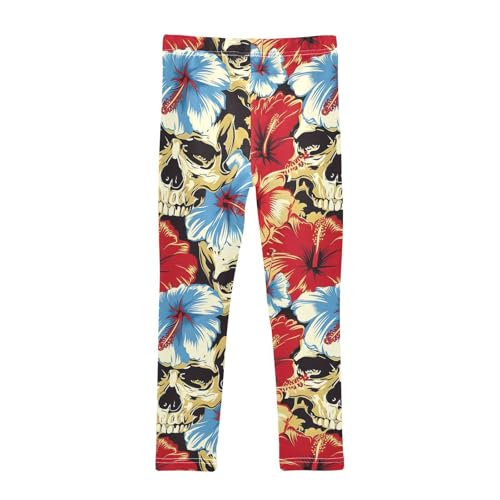 Red Blue Hibiscus Flower Skull Girls Leggings Soft Stretch Workout Yoga Dance Pants for Kids Casual Tights2