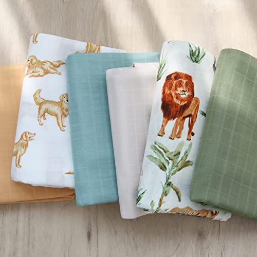Lifetree Muslin Swaddle Blankets Unisex, Woodland Baby Swaddling Wrap Nursery Neutral Receiving Blanket For Boys & Girls, 70% Bamboo & 30% Cotton, Large 47 X 47 Inches Safari Jungle/Olive Green #TOP6