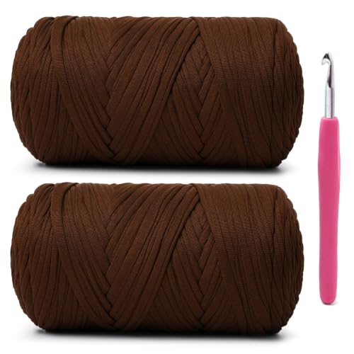 Image of 2 Pack Soft Tshirt Crochet Yarn, 800g /228yds High Elastic Hand Knitting Yarns, Thick T Shirt Yarn for Crocheting Bags, Baskets, Cushions, DIY Crafts(Coffee + Coffee)