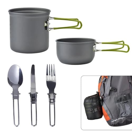 Peidesi Camping Cookware Mess Kit, Portable Camp Stove Pots and Pans Set, Carabiner, Folding Knife, Fork Spoon Kit, Carry Mesh Bag, for Backpacking - Image 3