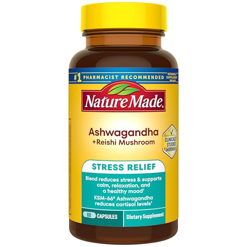 Nature Made Ashwagandha KSM 66 + Reishi Mushroom Capsules Stress Relief Blend Ashwagandha and Mushroom Supplement 60 Capsules 30 Day Supply