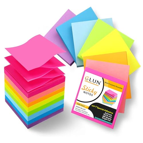 Image of GLUN 3x3 Inch Super Sticky Notes Pack 400 Sheets Multicolor Neon Self-Adhesive Memo Pads, Strong 2X Adhesion for Office, School & Home Use
