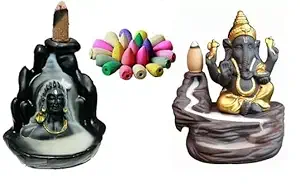Lord Adiyogi Shiva and Ganesh Backflow Smoke Fountain Incense Holder Burner with 20 Backflow Incense Cones Sticks - Material Polyresin, Color Black, Brown