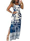 CHICME Women's Summer Maxi Dress Casual Thick Strap Square Neck Boho Sundress Split Travel Vacation Dresses with Pockets Blue-L