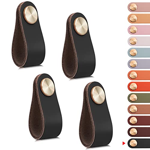 LEREATI 4 Pack Leather Drawer Pulls Black Cabinet Handles Single Hole Dresser Knobs Cabinet Door Handle Faux Leather Pulls for Dresser Closet Kitchen Cupboard (Single Hole Black)