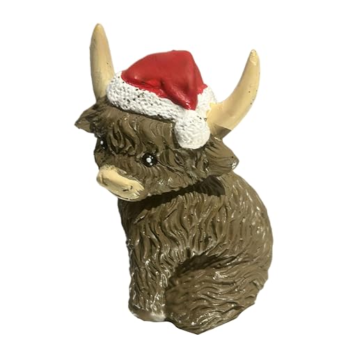 eBoutik - Highland Cow Christmas Figurine with Santa Hat - Brown Scottish Coo Resin Animal Statue - Festive Rustic Country Xmas Decoration for Shelves and Mantelpieces