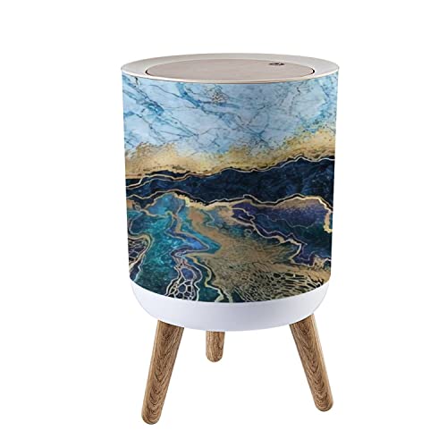 Kcdcyczeal Small Trash Can Lid Abstract Background Blue Marble Fake Stone Texture Liquid Paint Gold Round Recycle Bin Press Top Dog Proof Wastebasket For Kitchen Bathroom Bedroom Office 7L/1.8 Gallon #TOP19