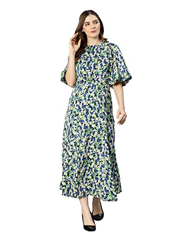 Image of oxolloxo Women Polyester Flared Puff Sleeves Floral Casual Dress